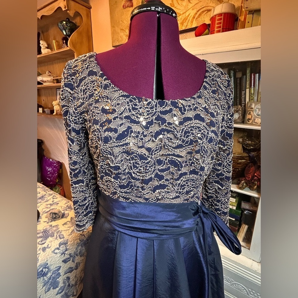 R&M Richards Navy and Gold Sequin Lace 3/4 Sleeve Dress - Picture 8 of 11
